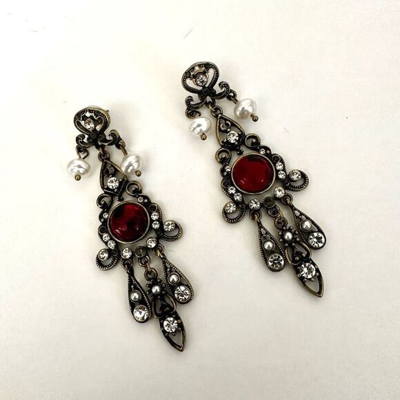 Red  faux pearl rhinestone long statement earrings - Picture 1 of 9